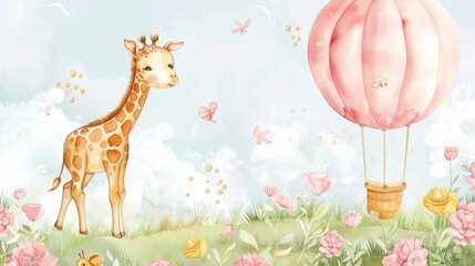 Obraz na płótnie Canvas A giraffe standing next to a colorful hot air balloon. Suitable for travel and adventure themes