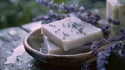 A wooden bowl filled with soap and lavender flowers. Perfect for spa or relaxation concept