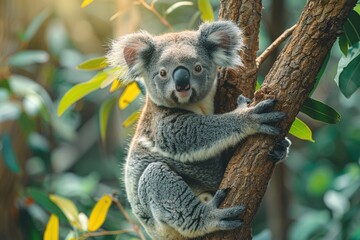Koala bear on a branch of the tree. - obrazy, fototapety, plakaty
