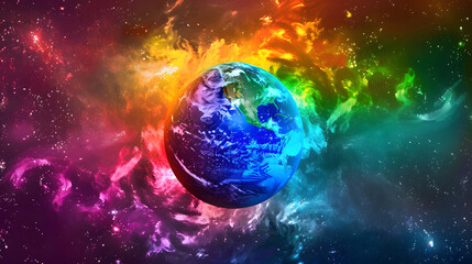 A globe radiating with vibrant colors. representing global unity and diversity. The cosmic background accentuates the vivid colors of its radiation. Contrast is created by the space around it. 