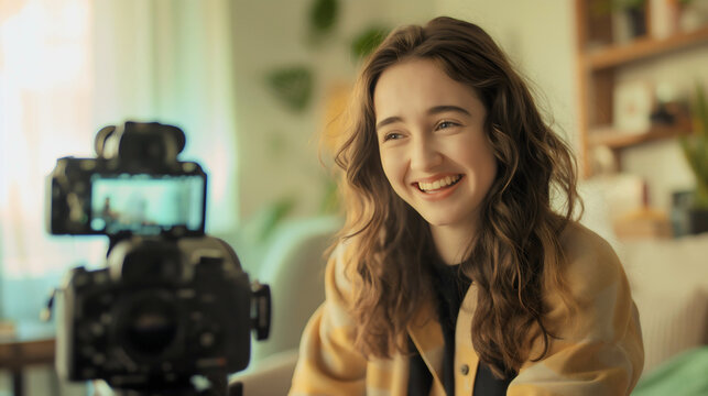 Digital camera placed on a tripod on the carpet in the modern home, room interior, recording video of a young woman, teenage stundent girl content creator for social media blog post