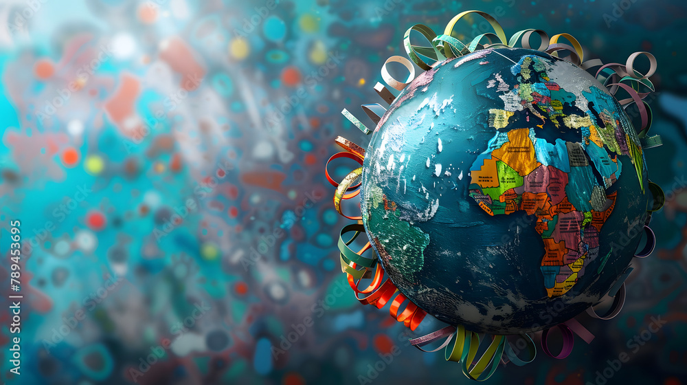 Poster a globe with various languages wrapping around it. representing language studies. a creative concept