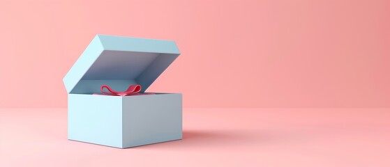 This is a 3D rendering of an open blue gift box with a pastel pink background.