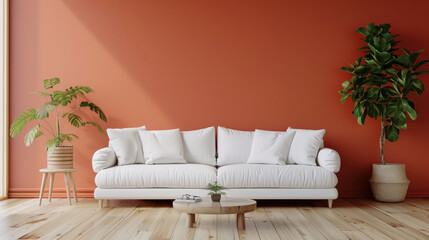 Fototapeta premium living room interior with white sofa and wooden coffee table and terracotta wall