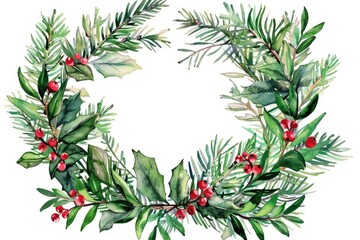 Naklejka premium A festive wreath made of holly leaves and red berries. Perfect for holiday decorations