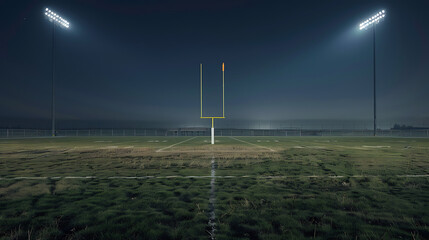 Empty American Football soccer stadium at night illuminated by spotlights