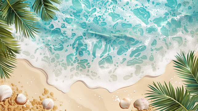Summer exotic horizontal illustration with copy space. Bird's eye view of the ocean island with sand and palm trees. Exotic tour vacation advertisement