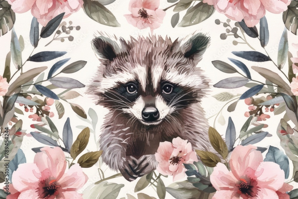 Sticker A cute raccoon surrounded by colorful flowers. Ideal for nature and wildlife concepts