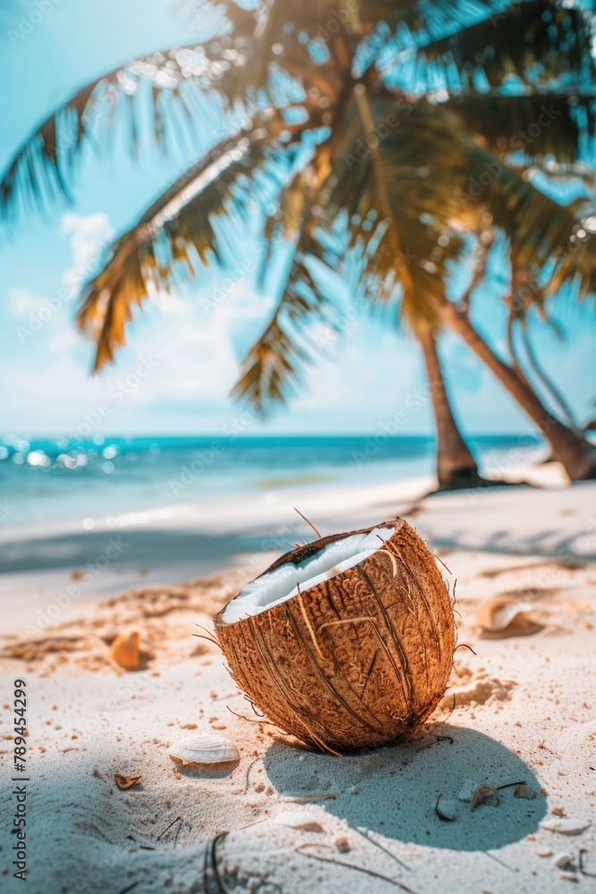 Poster a coconut on a sandy beach with palm trees in the background. ideal for tropical vacation concepts