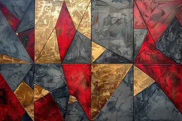 Oil painting with abstract geometric shapes in red, gold and gray colors.