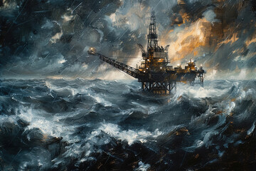 Painting of oil rig on tempestuous sea.  - obrazy, fototapety, plakaty