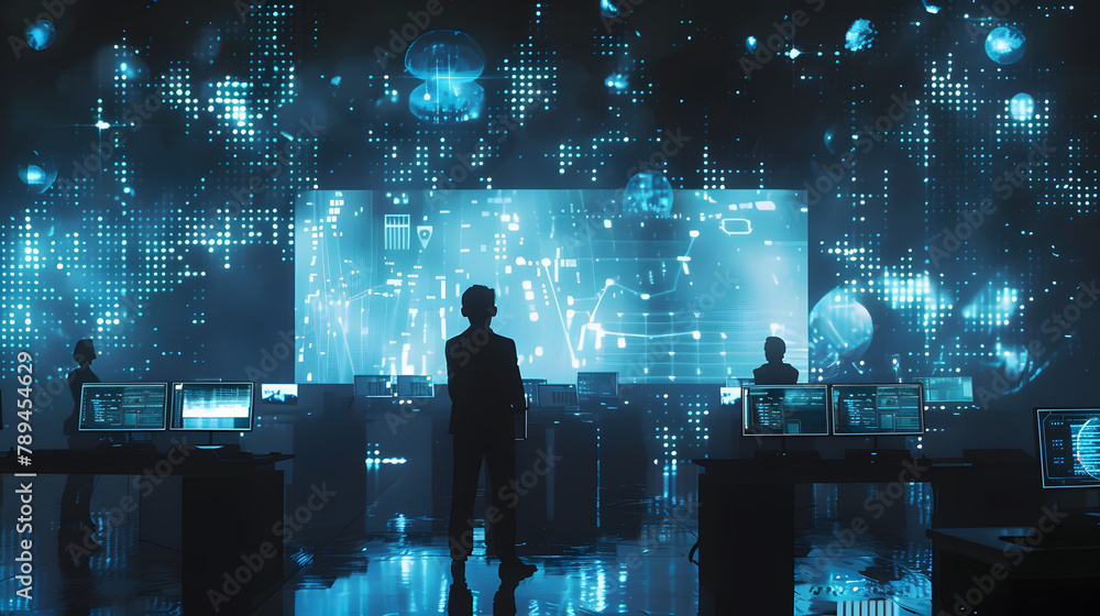 Poster a high-tech photon display of figures and plots. with digital consoles radiating in the dusky settin