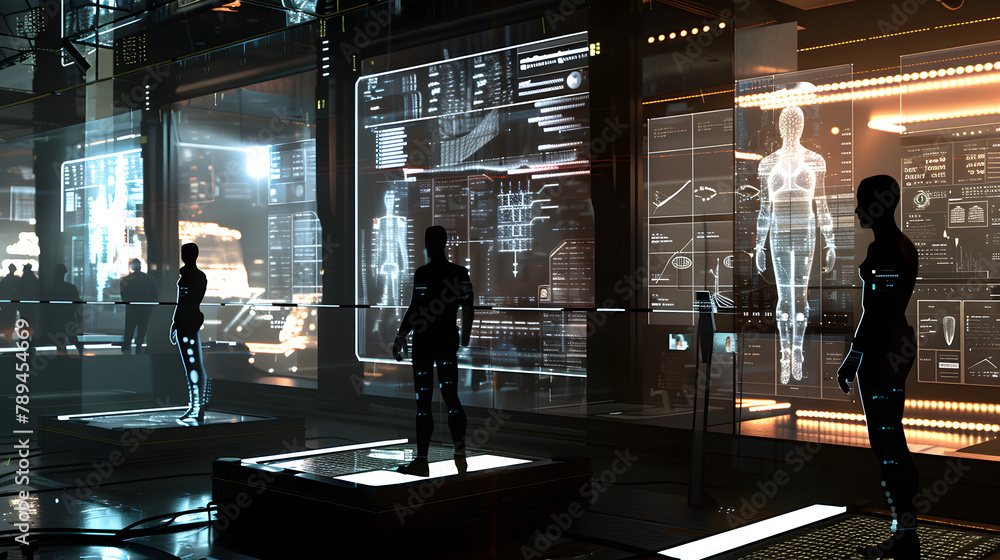 Poster a high-tech photon display of figures and plots. with digital consoles radiating in the dusky settin