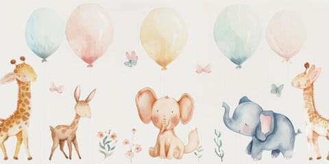 Colorful watercolor illustration of various animals with balloons. Suitable for children's books or party invitations
