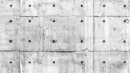 A wall with many holes in it. The holes are in a pattern and are spaced out. The wall is made of concrete
