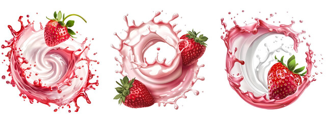 Set of circular mix strawberry milk splash swirl, isolate on transparent background, V2