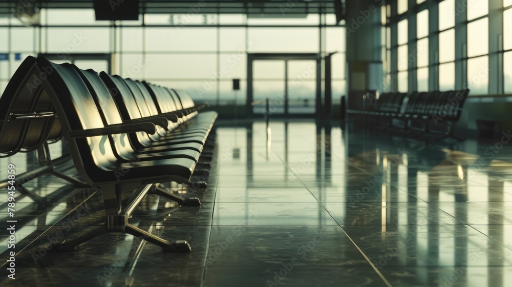 Poster A row of empty chairs in an airport. Suitable for travel and waiting concepts