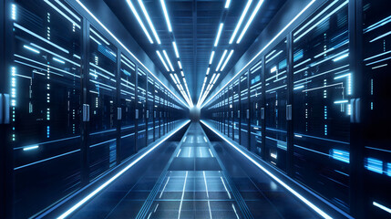 Obraz premium Blue data center computer network server and black racks infrastructure for digital cloud data storage. Hardware security, internet hosting room interior