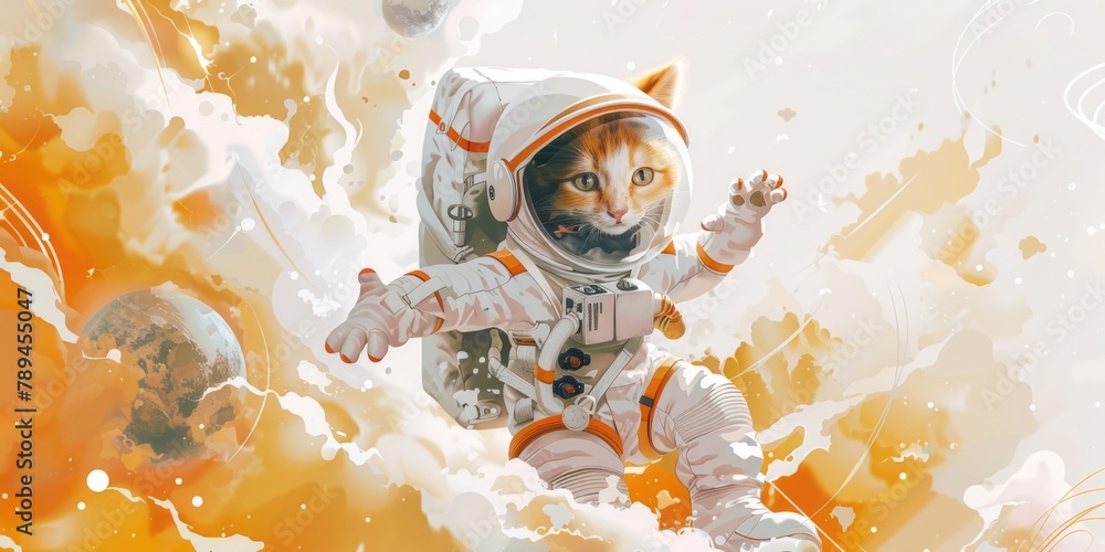 Poster a cat in a space suit flying through the air. suitable for science fiction or humorous concepts