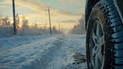 Car tire stuck on snowy road, useful for winter driving concepts - obrazy, fototapety, plakaty
