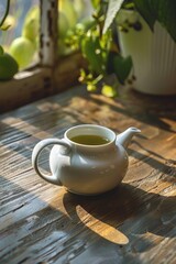 A simple white tea pot on a rustic wooden table. Suitable for kitchen or home decor concepts