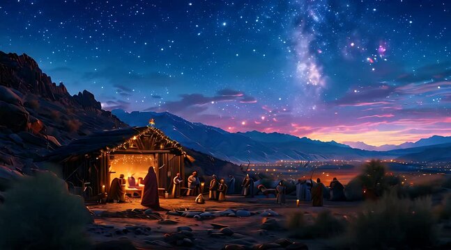 The birth of Jesus in the desert,  The sky is full of stars above them.