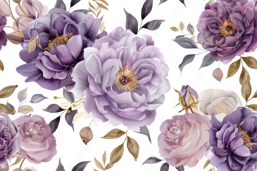 Poster Bright and colorful pattern of purple flowers on a clean white background. Perfect for adding a pop of color to your design projects