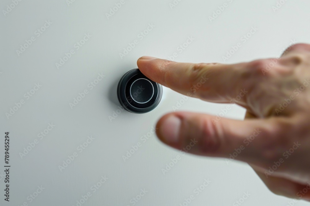 Poster a person pressing a button on a white wall. suitable for technology concepts