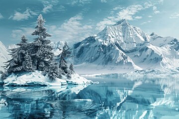 A picturesque snow covered mountain with a serene lake in front. Suitable for nature and travel concepts