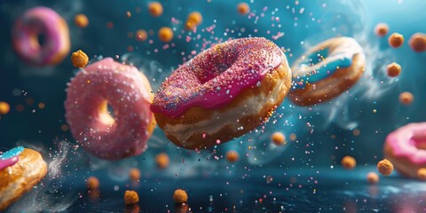 A bunch of doughnuts flying in the air. Perfect for bakery or dessert themes - Powered by Adobe