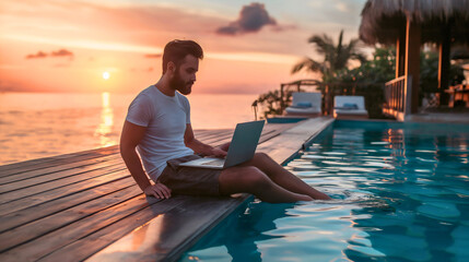 Young man sitting poolside by the swimming pool working on laptop notebook computer during sunset. Tropical island summer vacation or holiday remote online work on the internet, freelancer