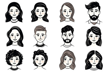 Set of doodle people faces black and white, minimalist avatars line drawing