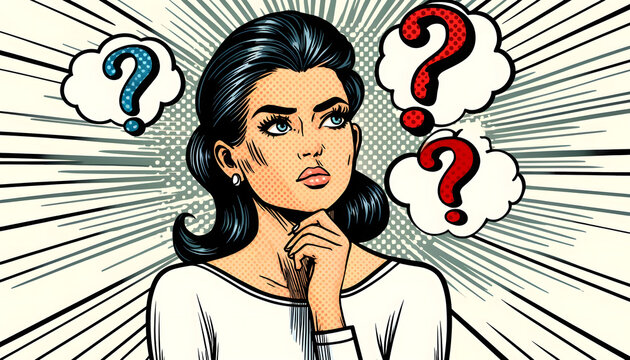 illustration pop art d'une femme avec point d'interrogation