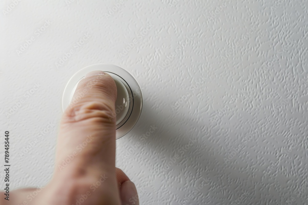 Poster person pressing a button on a white wall, suitable for technology concepts