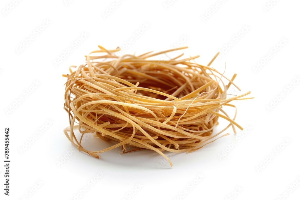 Poster close up of a bird nest on a white surface. suitable for nature and wildlife themes