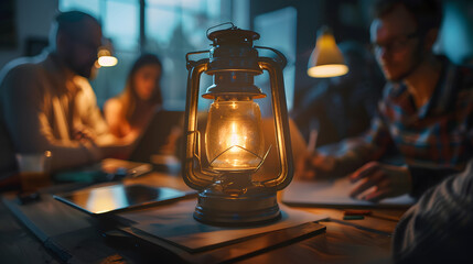 A lantern shining intensely in the center. encircled by individuals lounging around a conference table with tablets and sketchpads on it - obrazy, fototapety, plakaty