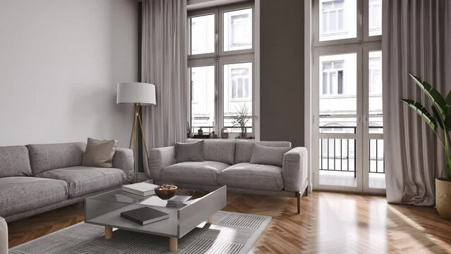 Modern city apartment with two small sofas, glass rectangular table in the center, large windows with long curtains. 3D render.
