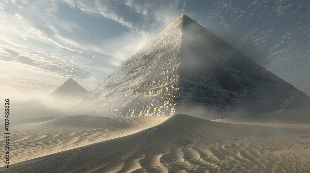 Poster a large pyramid standing in the desert. with most of its structure covered by sand and only the tip 