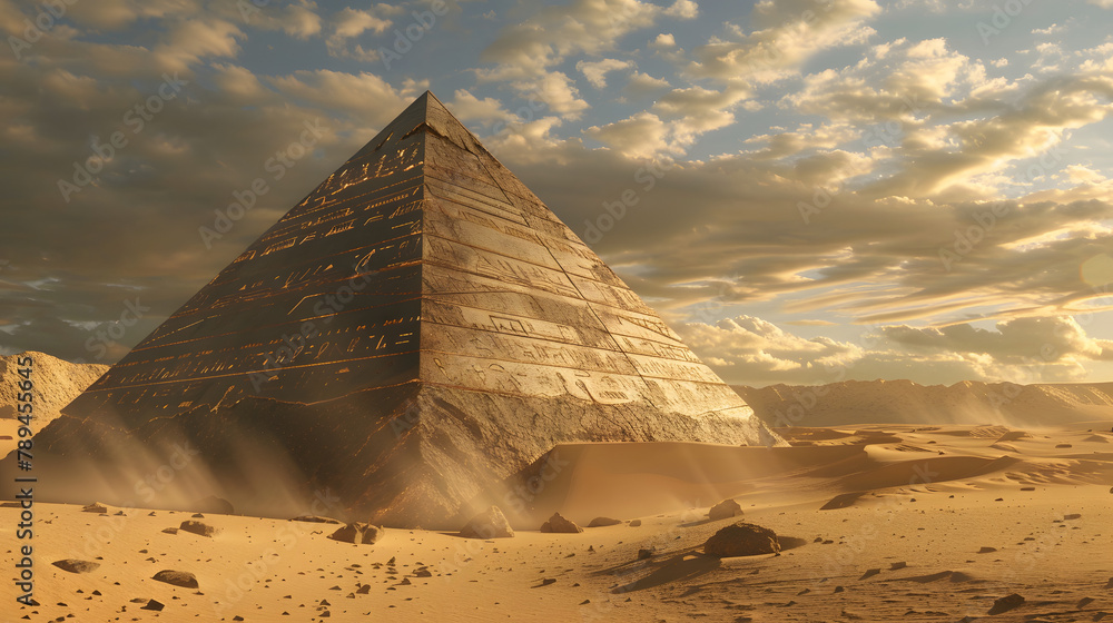 Poster a large pyramid standing in the desert. with most of its structure covered by sand and only the tip 