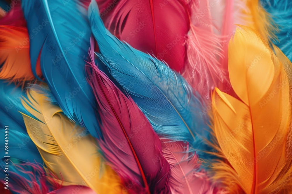Poster vibrant colorful feathers close up. ideal for design projects