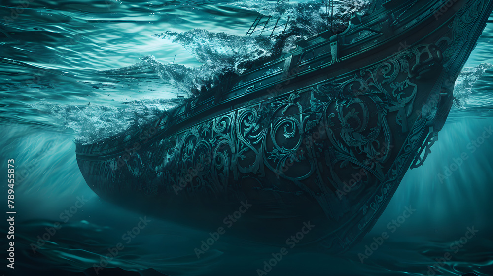Poster a large ship sailing in the ocean. with most of its hull submerged under water and only the deck vis