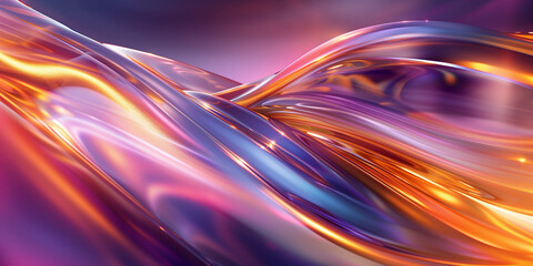 Holographic shining waves of liquid background banner. Iridescent purple and pink colors abstract...