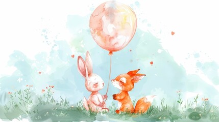 Fototapeta premium Cute painting of a fox and rabbit holding a balloon. Suitable for children's books or greeting cards