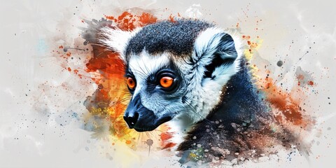 Watercolor painting of a lemur with striking orange eyes. Suitable for wildlife or nature themes - obrazy, fototapety, plakaty