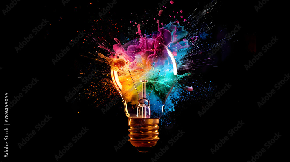 Poster a light bulb exploding with colorful energy. symbolizing creative ideas and innovation