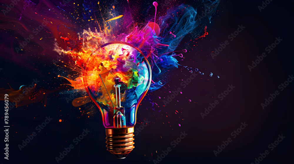 Poster a light bulb exploding with colorful energy. symbolizing creative ideas and innovation