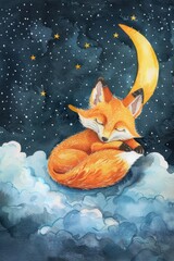Fototapeta premium A peaceful painting of a fox sleeping on a fluffy cloud. Ideal for children's book illustrations