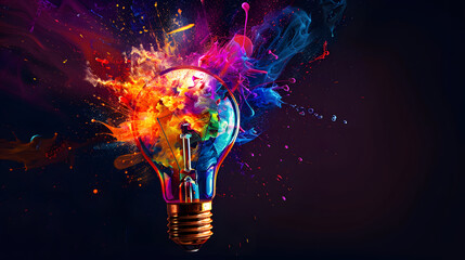 A light bulb exploding with colorful energy. symbolizing creative ideas and innovation - obrazy, fototapety, plakaty
