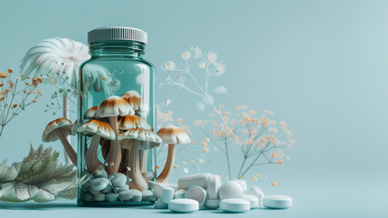 A bottle of dietary mushroom supplement capsules, surrounded by fresh mushrooms, different plants and flowers on a blue background. Natural and alternative medicine concept.