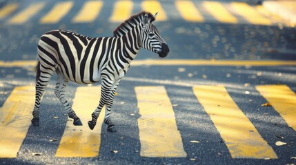 Obraz premium A zebra crossing the street in broad daylight. Suitable for transportation concepts